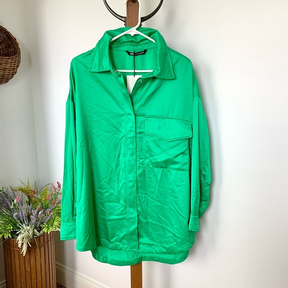 NWT Zara Satin Effect Oversized Shirt Jacket Shacket green - Picture 3 of 16